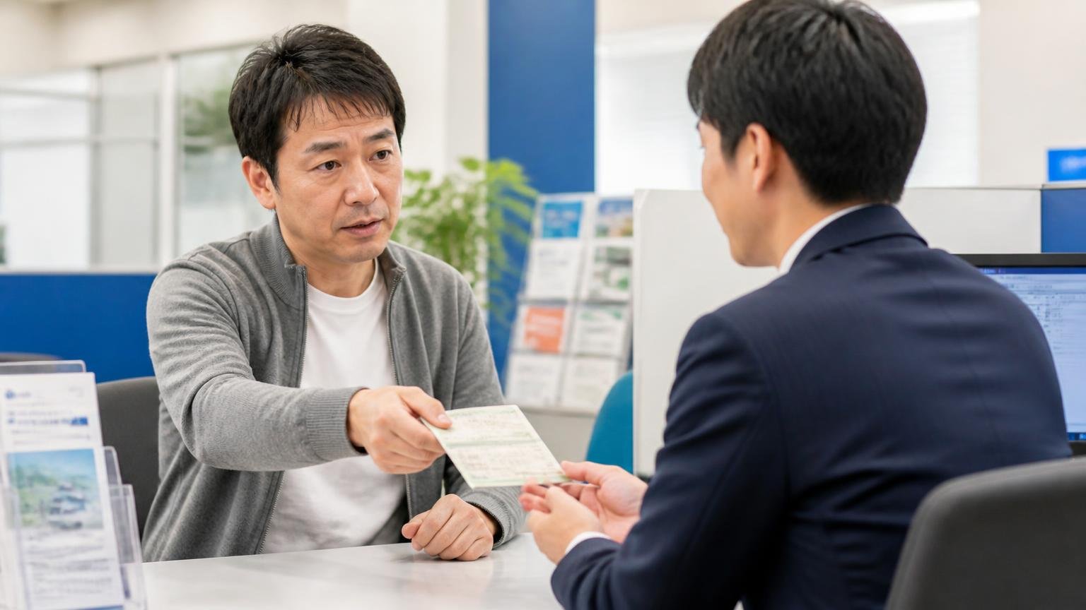 自賠責は契約者変更、重量税還付は解体と永久抹消のときだけ|保険会社の窓口で自賠責証明書を差し出す男性1人と担当者1人