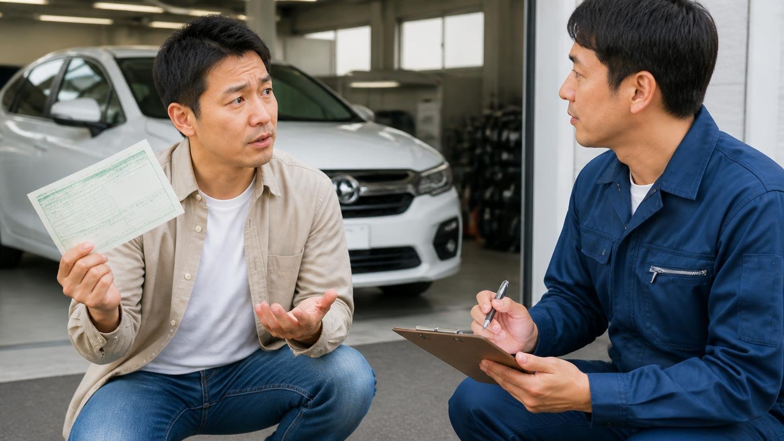 リサイクル預託金相当額は買取額とは別に受け取るもの 車庫 リサイクル券を手に査定士に質問する男性オーナー