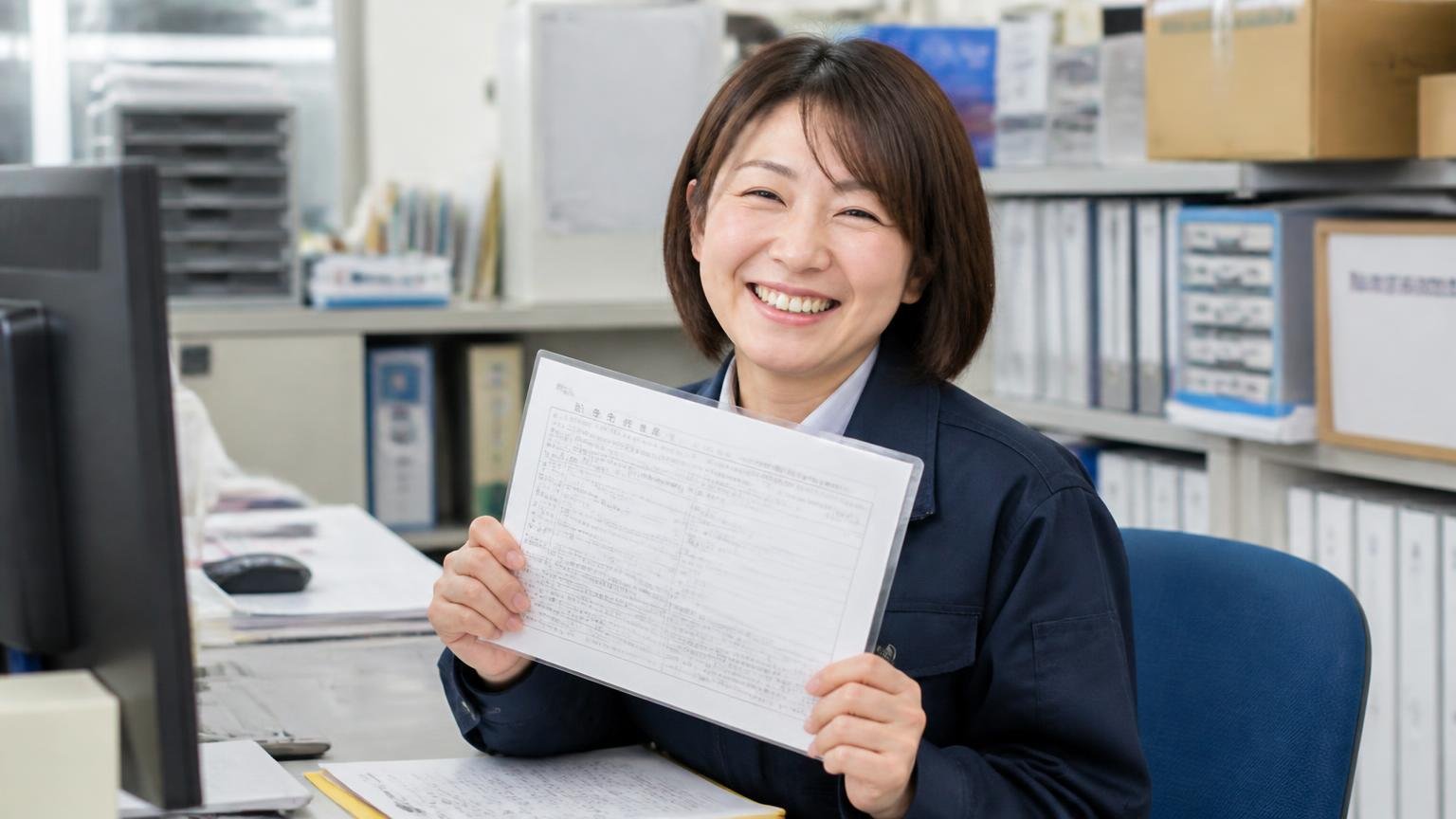 名義変更の完了確認、新しい車検証のコピーを手に安心した表情の女性事務員1人、運送会社の事務所