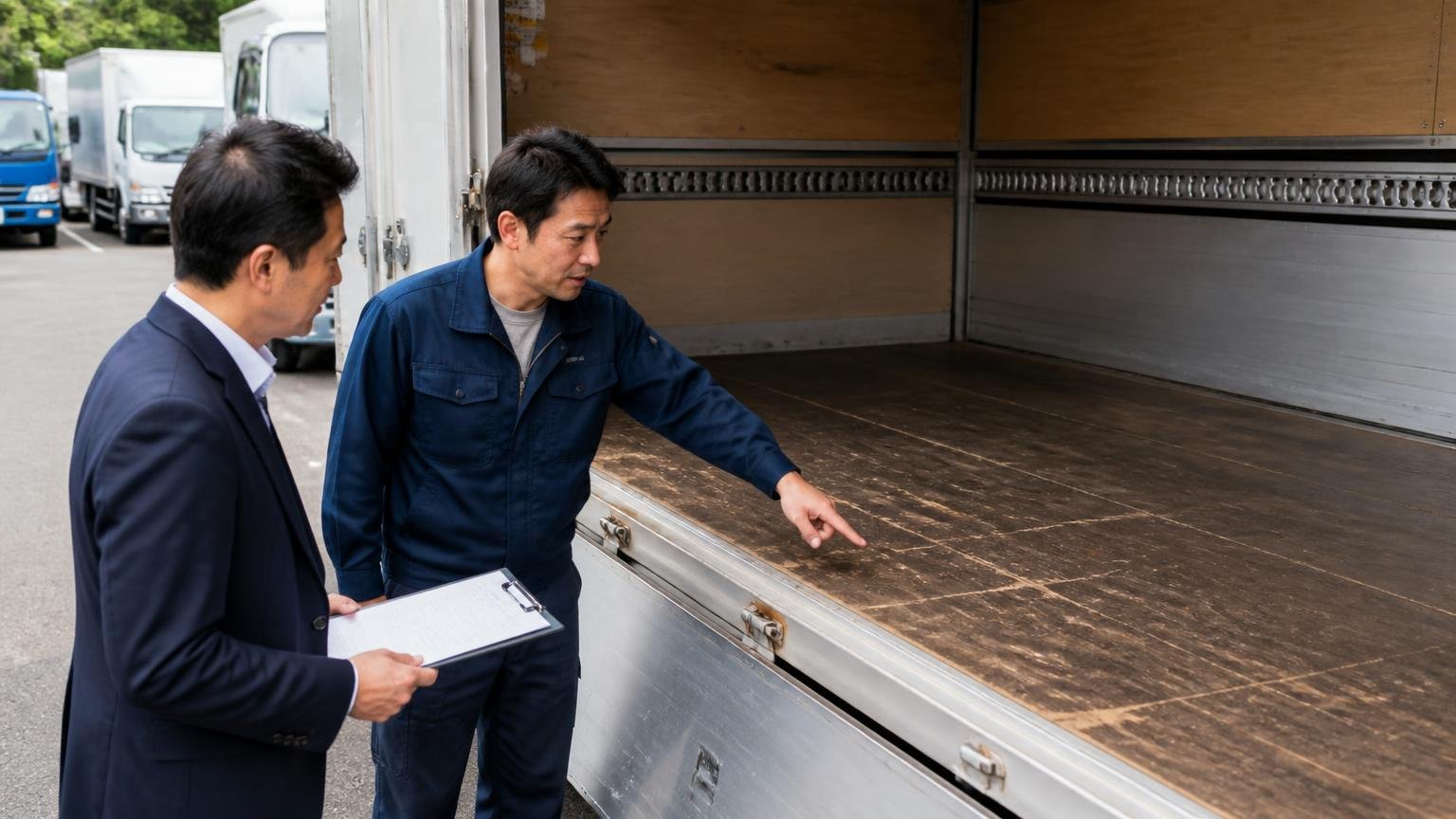 荷台・架装・使われ方を正直に伝える。屋外でウイング車の荷台を開け、ドライバーの男性が査定士に床板の傷を指差して説明する