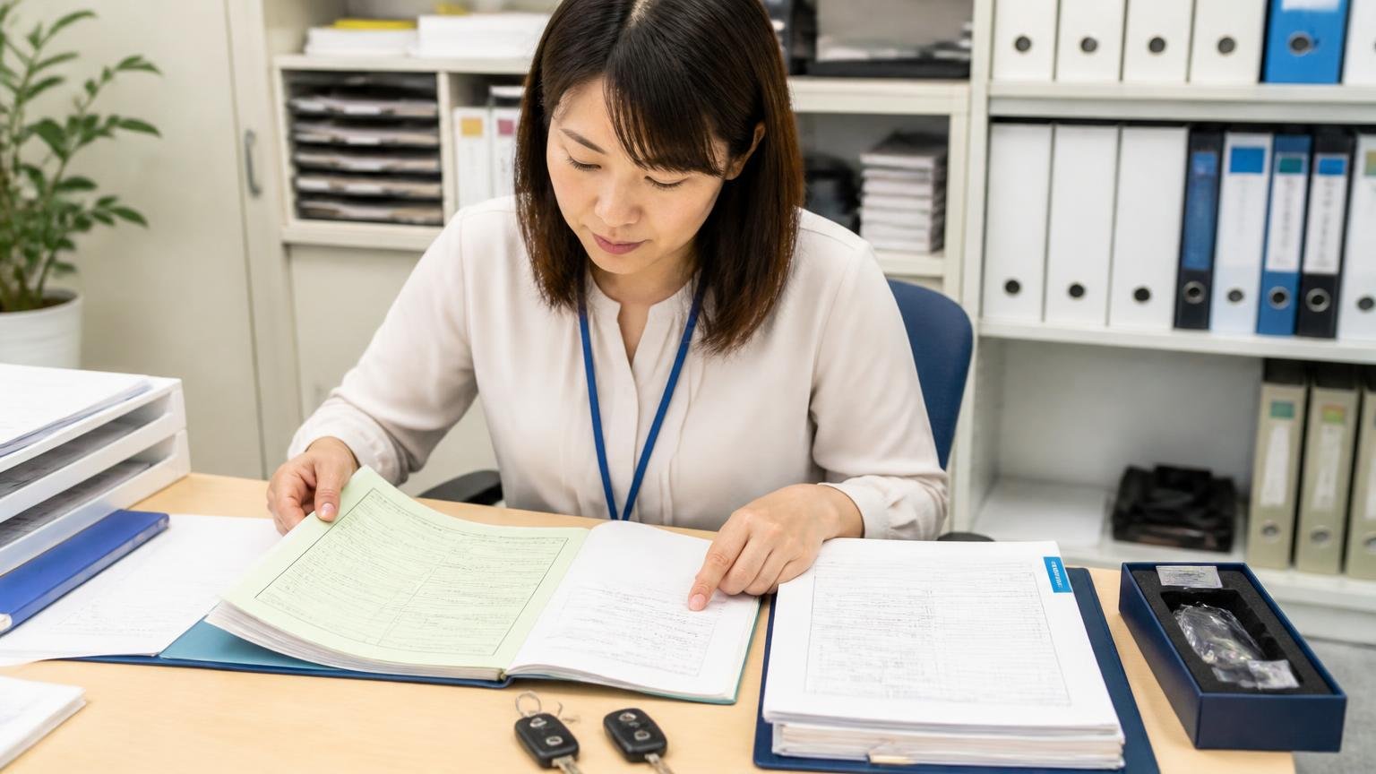 整備記録・書類・付属品をそろえておく 事務所の棚の前 車検証や整備記録簿のファイルとスペアキーを机に並べて確認する事務担当の女性