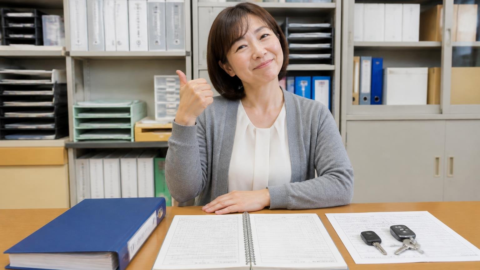 整備の記録・書類・付属品をそろえておく 事務所の棚の前 整備記録簿と鍵と書類を机に並べ満足げにうなずく女性事務員