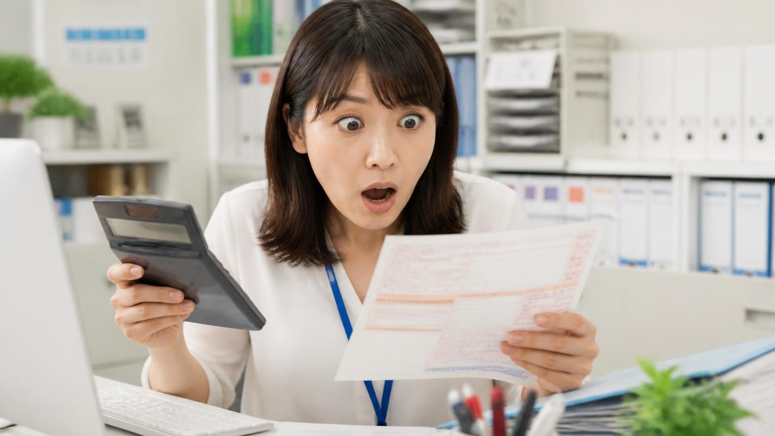自動車税の還付とリサイクル料金の扱い 事務所の机 女性事務員1人 電卓と納税通知書を手に目を見開いて気づく