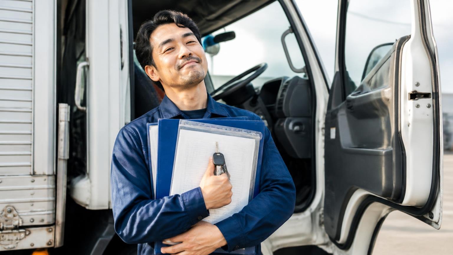 整備記録・書類・付属品をそろえておく 運転席のドアを開けたトラックの横 書類のファイルとスペアキーを抱えた男性1人が満足げにうなずく