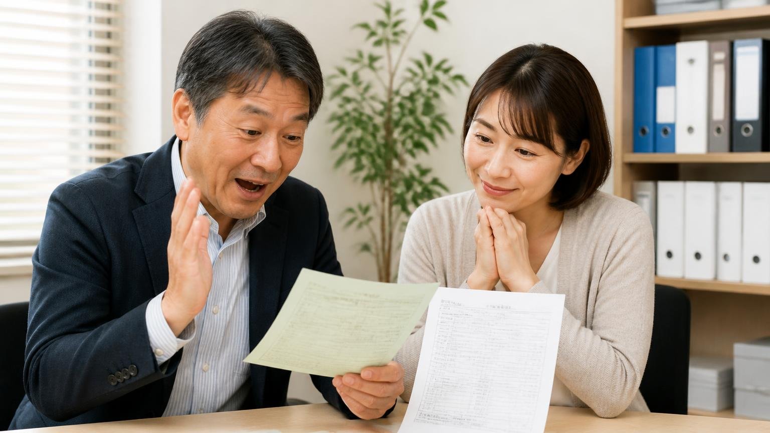 リサイクル料金相当額は査定額とは別に受け取れる、事務所でリサイクル券と見積書を並べて見比べ、なるほどと手を打つ50代男性と隣でうなずく30代女性