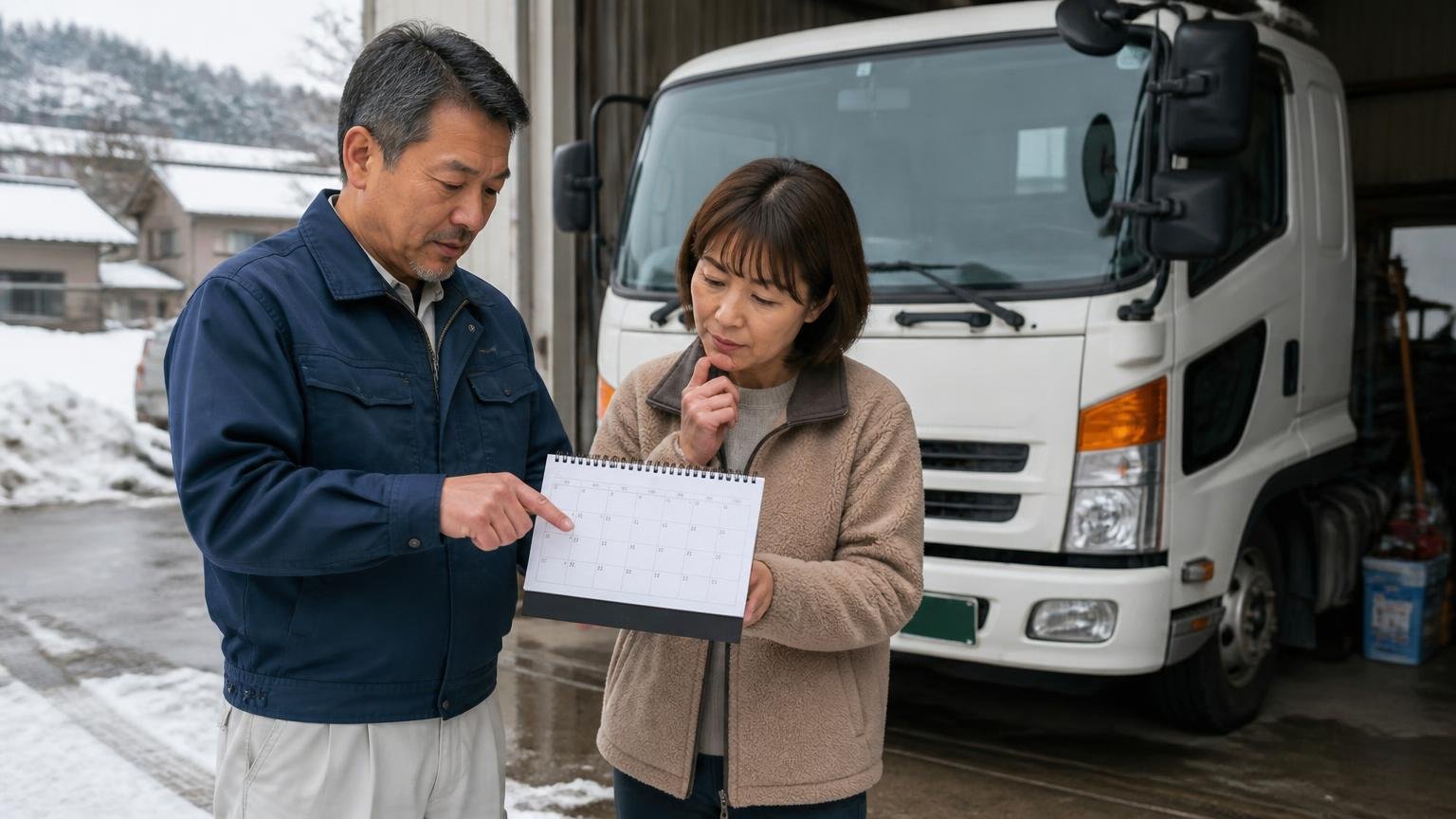 4月1日と車検の残り期間を意識して売る時期を決める　雪の残る3月末の雲南市の車庫で、カレンダーを見ながら4tトラックの前で売却時期を話し合う夫婦2人