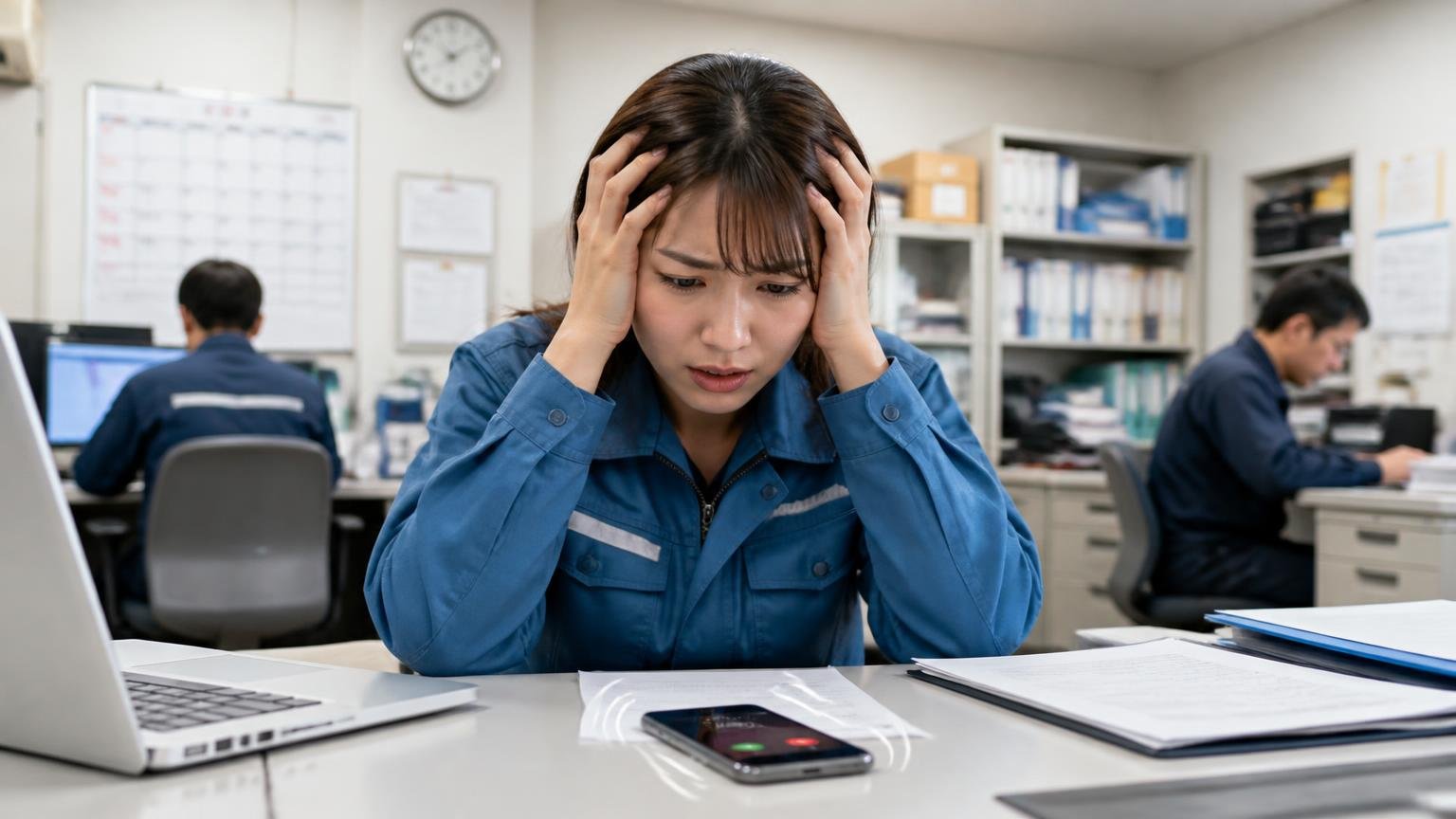 運送会社の事務所で、鳴り続けるスマホを前に頭を抱える30代女性1人