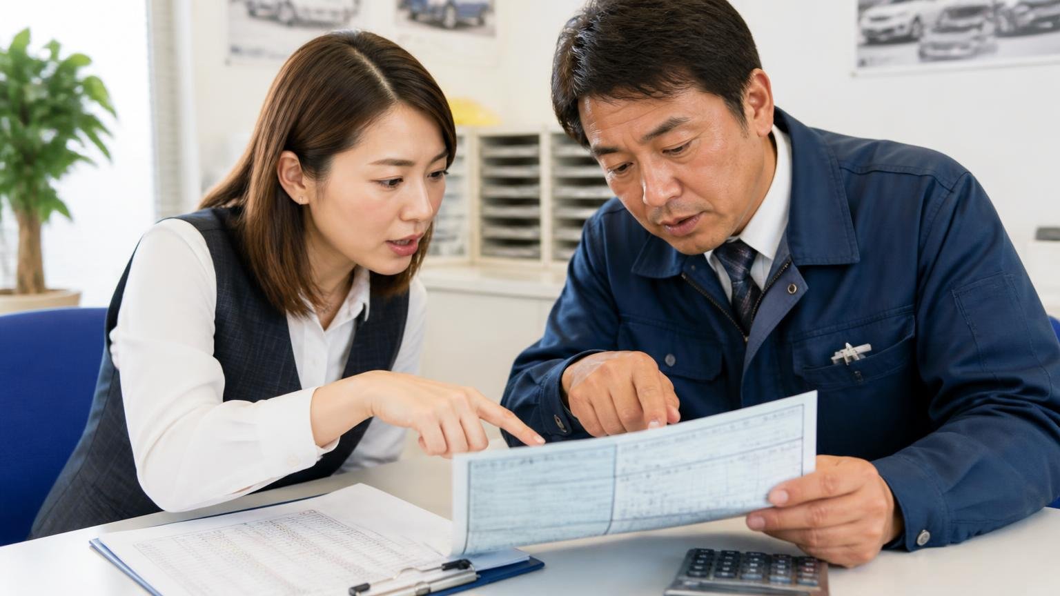 所有権留保・リサイクル料金・自賠責｜見積書で分けて確認する、事務所で車検証の所有者欄を指さしながら、女性事務員と男性査定員が見積書の内訳を1行ずつ確認している