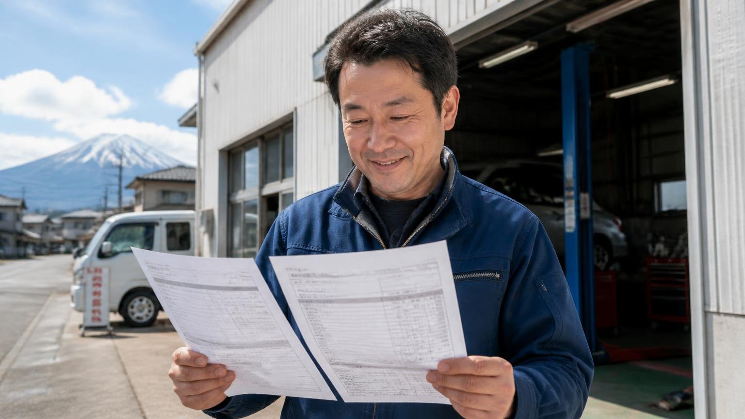 地元実店舗と出張専門を必ず1社ずつ入れる 弘前市内の整備工場の前で見積書2枚を見比べる男性1人、納得した表情