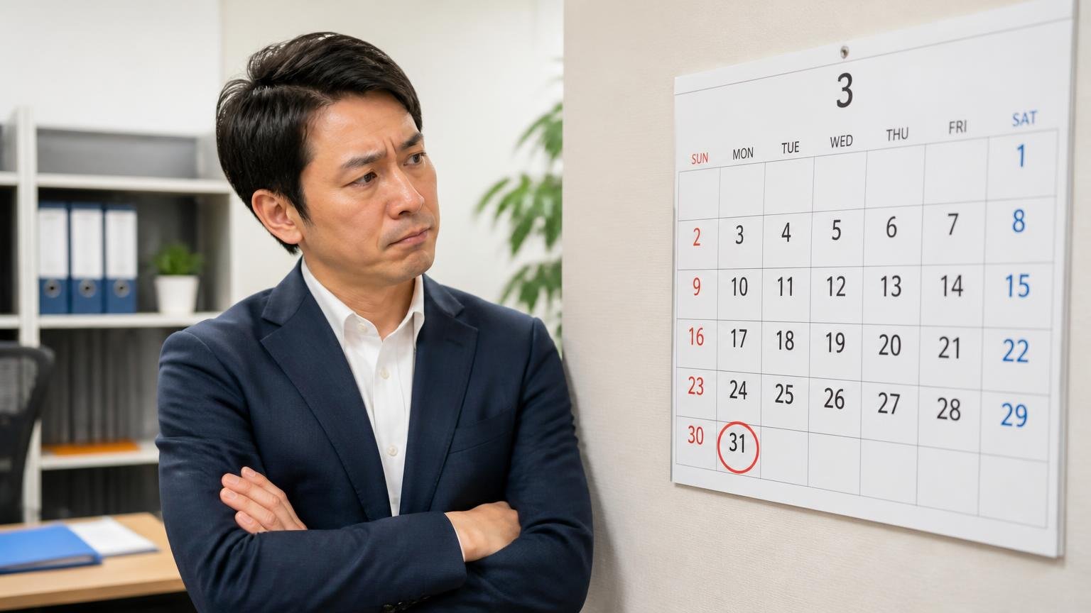 売る時期:繁忙期前と「3月末」の落とし穴 事務所の壁掛けカレンダーの3月末に印をつける場面 経営者1人 腕を組んで考え込む