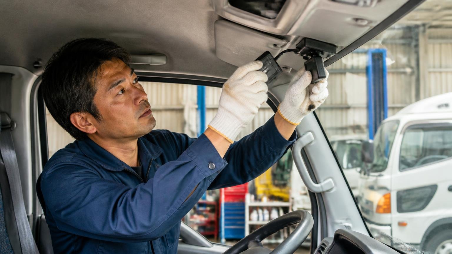 引き渡し前に外す確認するもの 車庫 引き渡し前のトラックからETC車載器とドライブレコーダーを取り外す男性整備士