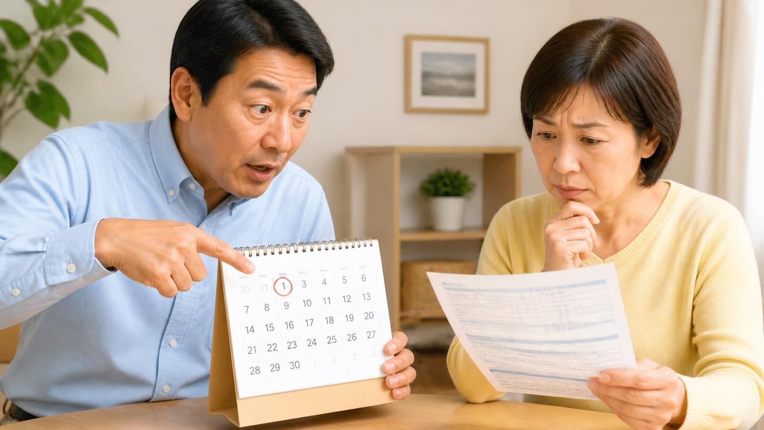 自動車税は4月1日の所有者に1年分、カレンダーの4月1日を指差して説明する男性と納税通知書を見る女性