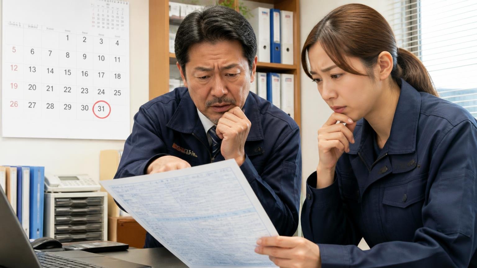売る時期、車検切れ前・年度末前・決算期前。事務所のカレンダーの3月に丸を付け、運送会社の社長と事務員の2人が車検証の期限を確認する
