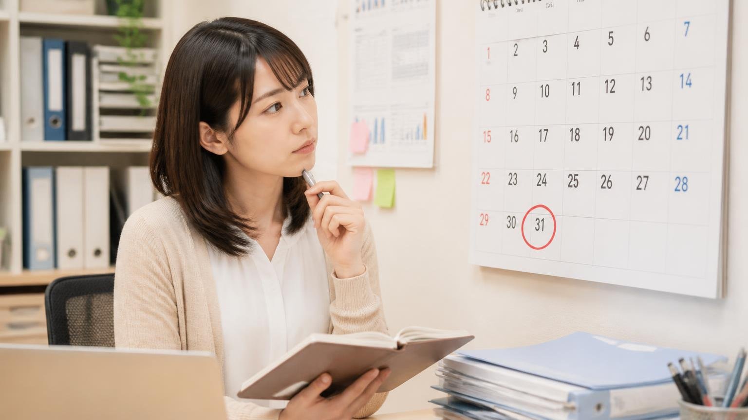 売るなら「3月末」までを意識して日程を組む 壁のカレンダーの3月末に赤丸をつけて売却の段取りを考える女性事務員1人