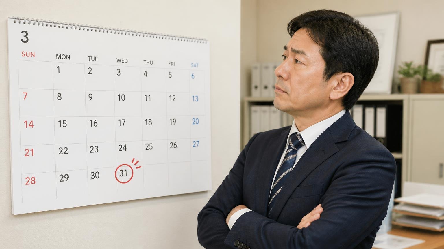 3月31日と車検の残り期間を意識して売る時期を決める 事務所の壁掛けカレンダーの前 3月の日付に赤ペンで印をつけて腕を組む社長の男性