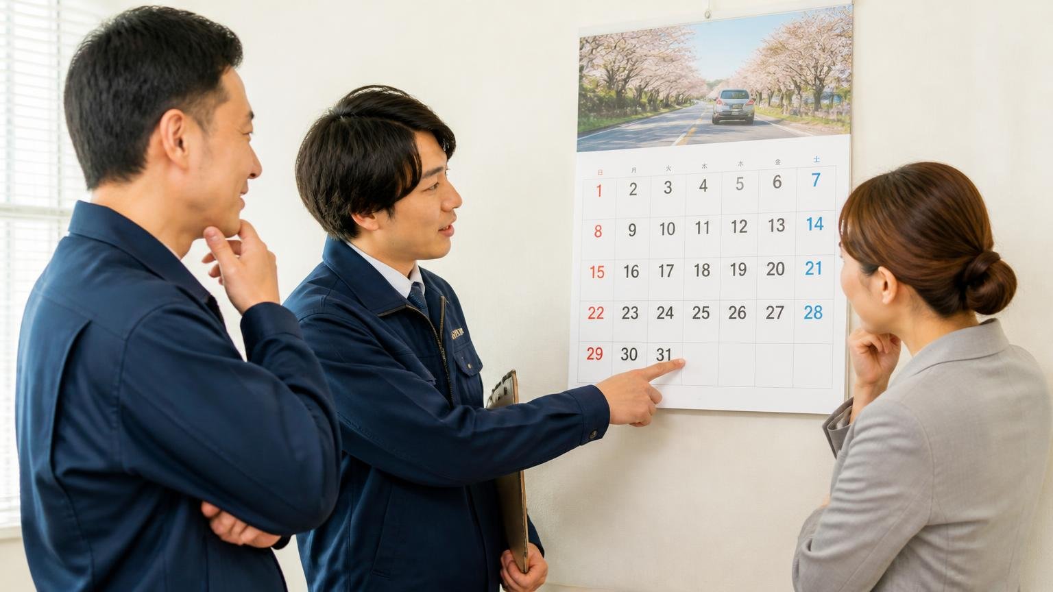 3月31日と車検の残りを見て、売る時期を決める 営業所の壁掛けカレンダーの前 3月の日付を指さして話し合う男性2人と女性1人