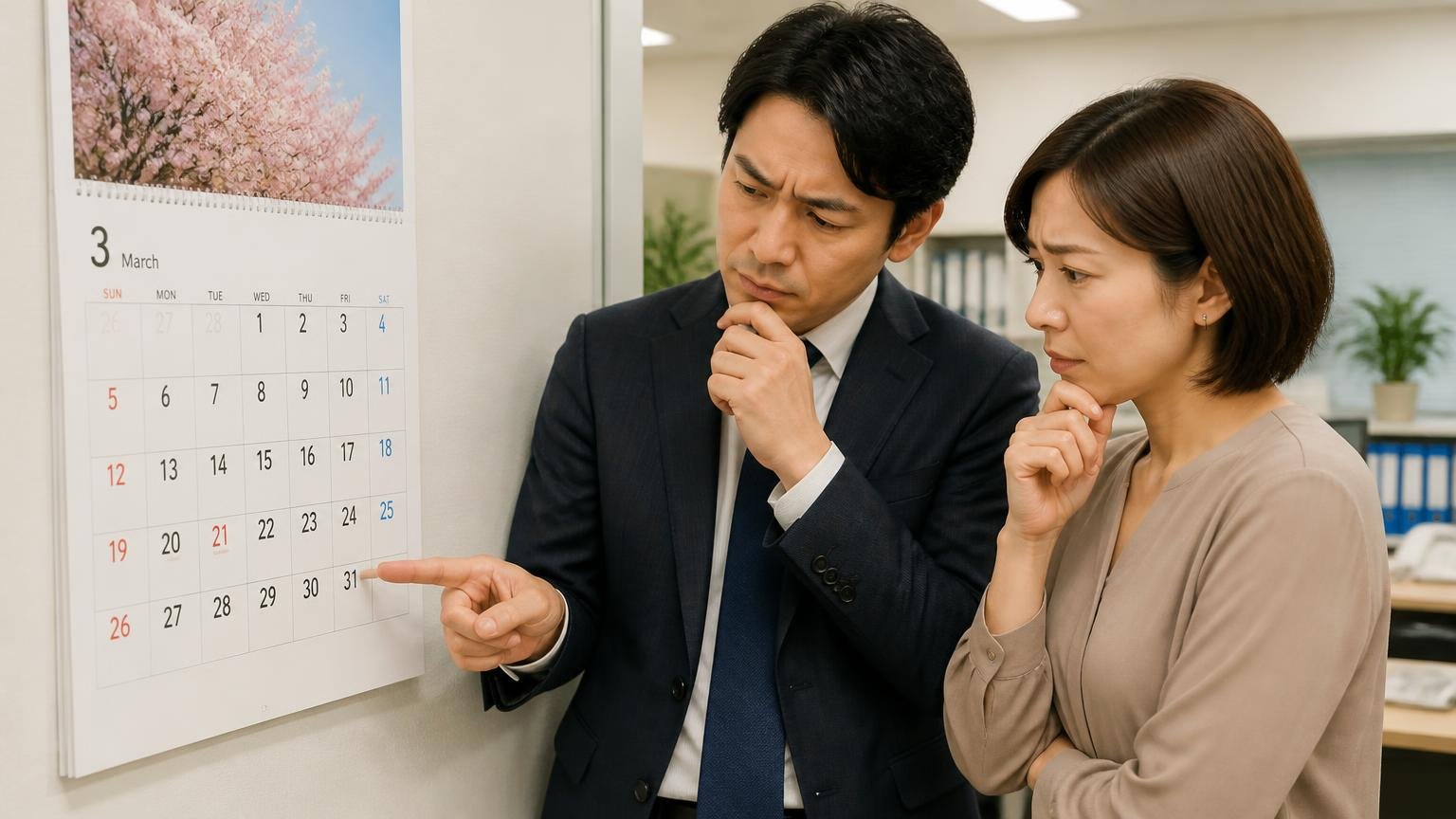 3月31日から逆算して、売る時期を決める 事務所の壁掛けカレンダー前 3月の日付を指さして考え込む男性と女性