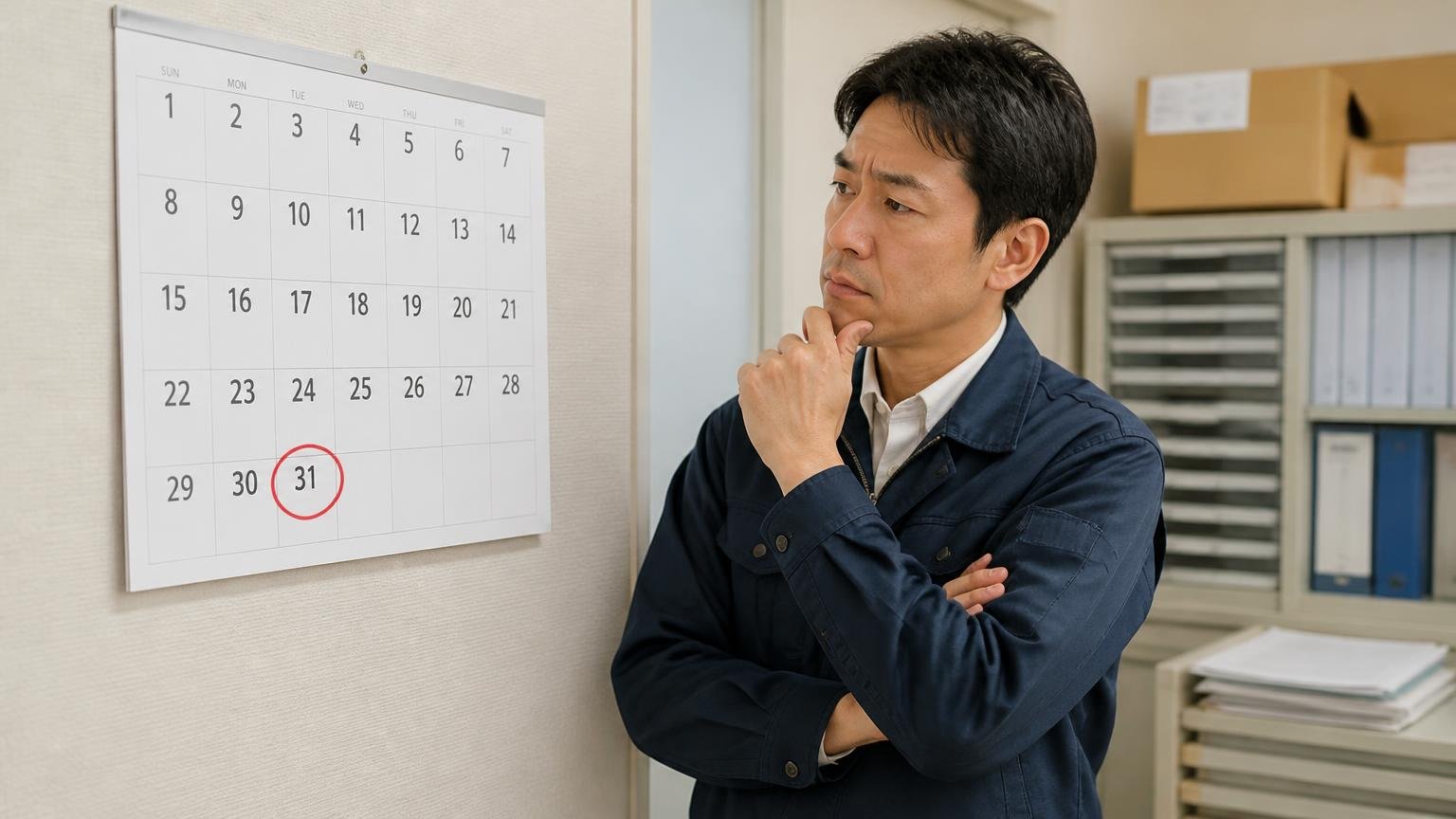 3月31日と車検の残りを見て、売る時期を決める 事務所の壁のカレンダー 3月31日に赤丸をつけて腕を組み考え込む男性