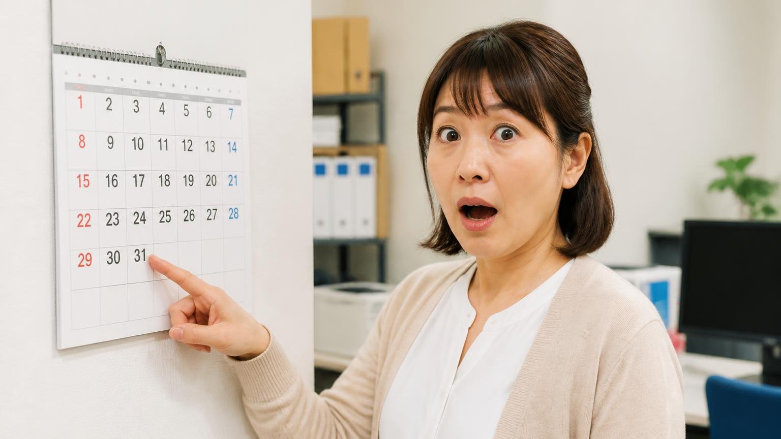 3月31日と車検の残り期間を意識して売る時期を決める 事務所の壁掛けカレンダーの前 3月の日付を指さした女性1人がはっとした表情