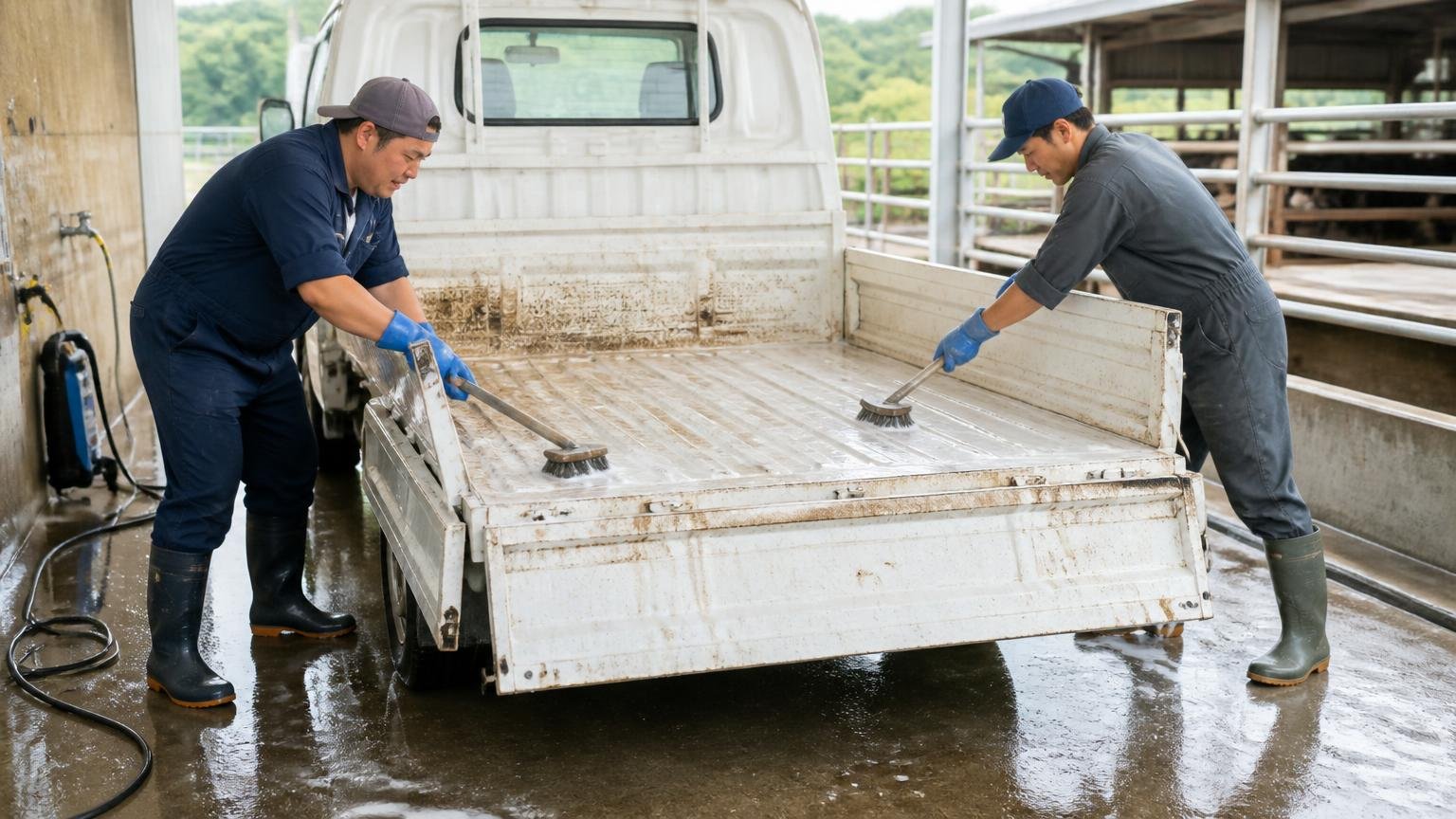 農業・畜産で使ったトラックは荷台の汚れとにおいを落とす 牧場の洗い場で長靴の男性2人がトラックの荷台をブラシでこする