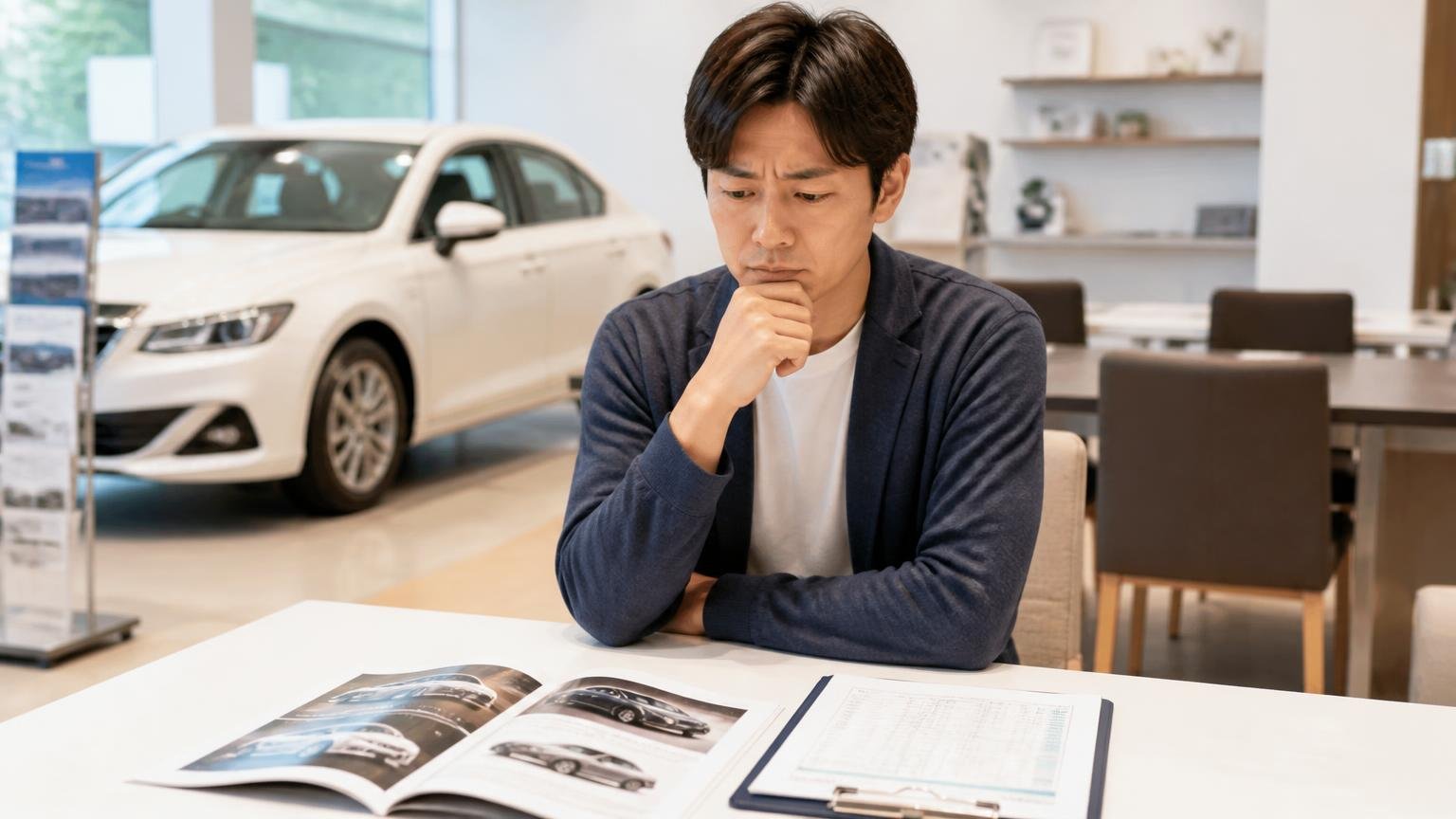 ディーラー下取り・一括査定サイトも使いどころで選ぶ ディーラーの商談席で新車カタログと下取り見積書を前に考える男性1人、迷う表情