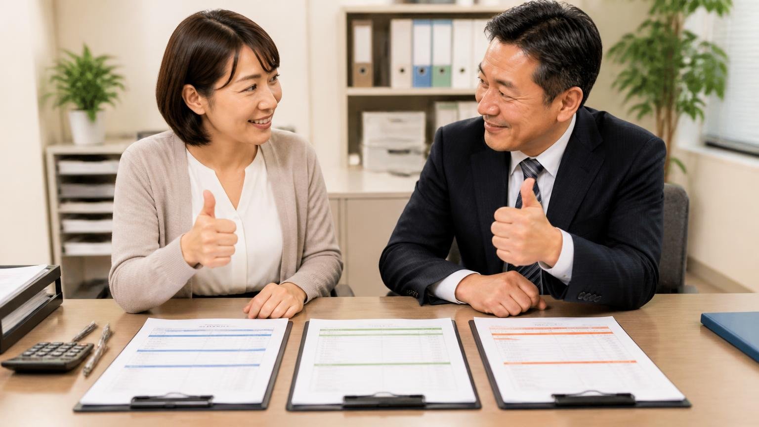持ち込める店と出張型を1社ずつ以上、同じ条件で横に並べる 事務所の机に3社の見積書を並べて比較する場面 事務担当1人と経営者1人 納得して頷き合う