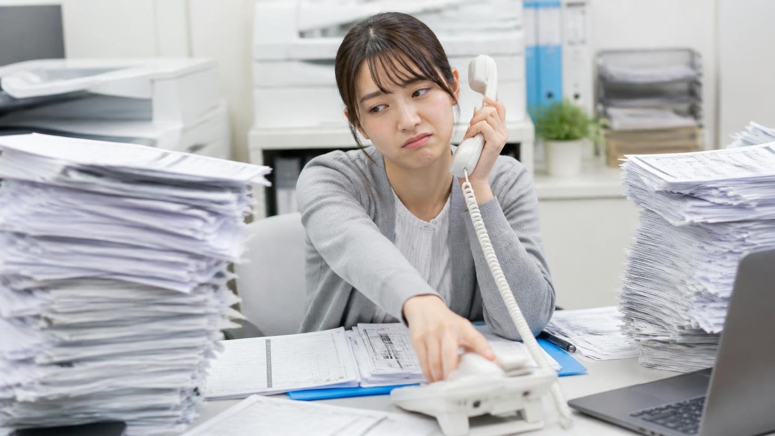 営業電話・FAXの断り方と、申込時の連絡手段の指定。事務所でFAXの山を前に受話器を置く事務員の女性、少し呆れた表情