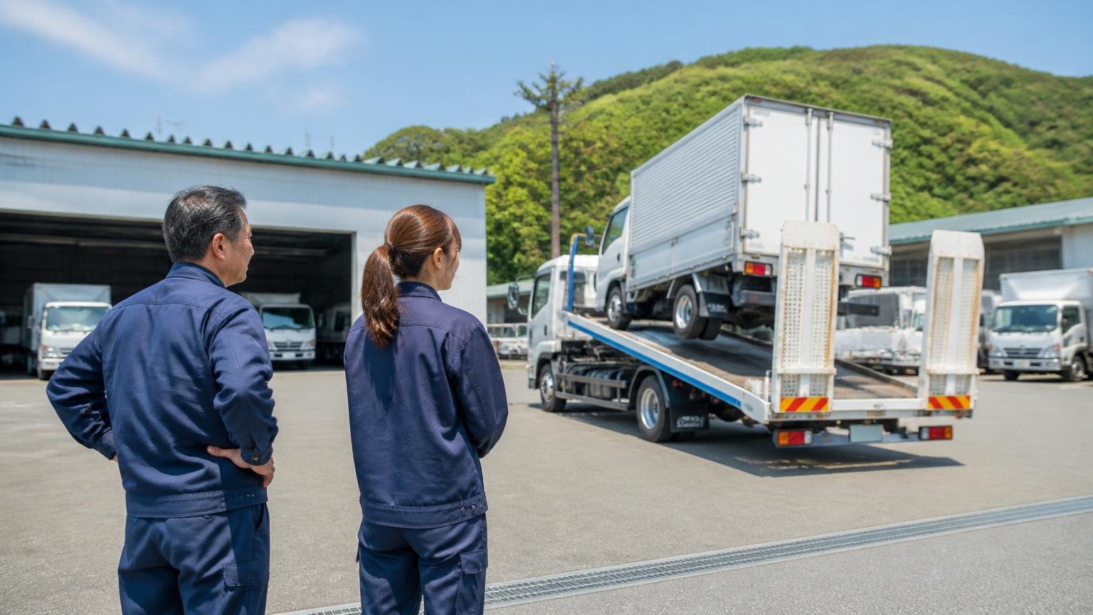 鳥取の運送会社の車庫で、トラックが積載車に積まれていく様子を見送る50代男性と30代女性の2人