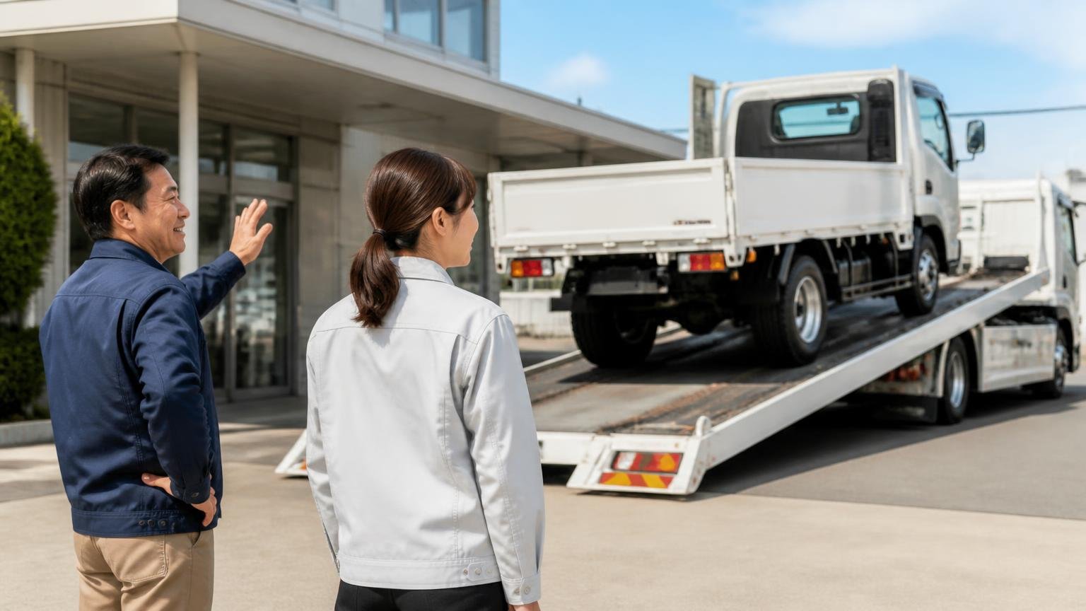 申込から入金までの流れ(5ステップ) 積車に載せられて出ていく4tトラックを営業所の前で見送る男性1人と女性1人、感慨深い表情