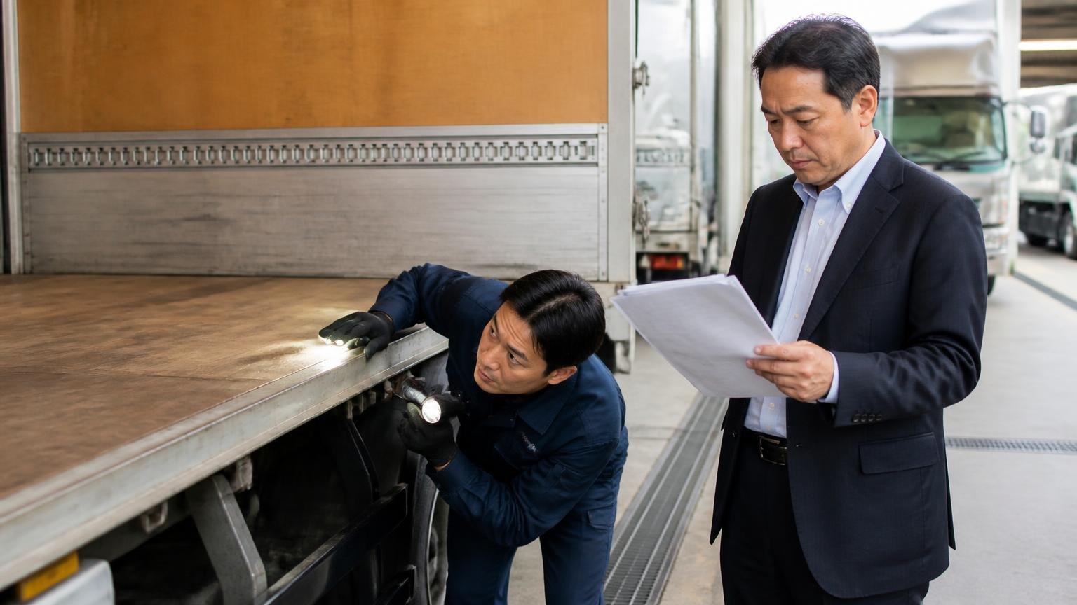 STEP1〜3:申込・出張査定・見積書。運送会社の車庫で査定員が4tウイングの荷台床板を懐中電灯で照らし、横で見積書を受け取る男性社長が真剣な顔で読む場面