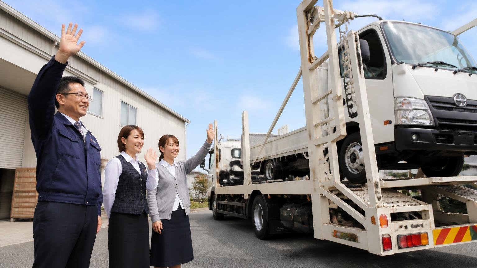地元候補と並べて比べたい人へ 営業所の前で積車に載せられていくトラックを見送る 社長の男性と事務の女性2人 安堵の表情で手を振る