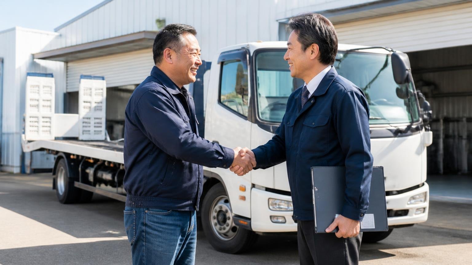申込から入金までの6ステップ、トラック引渡しの朝に車庫前で握手する経営者と査定士、積載車の前