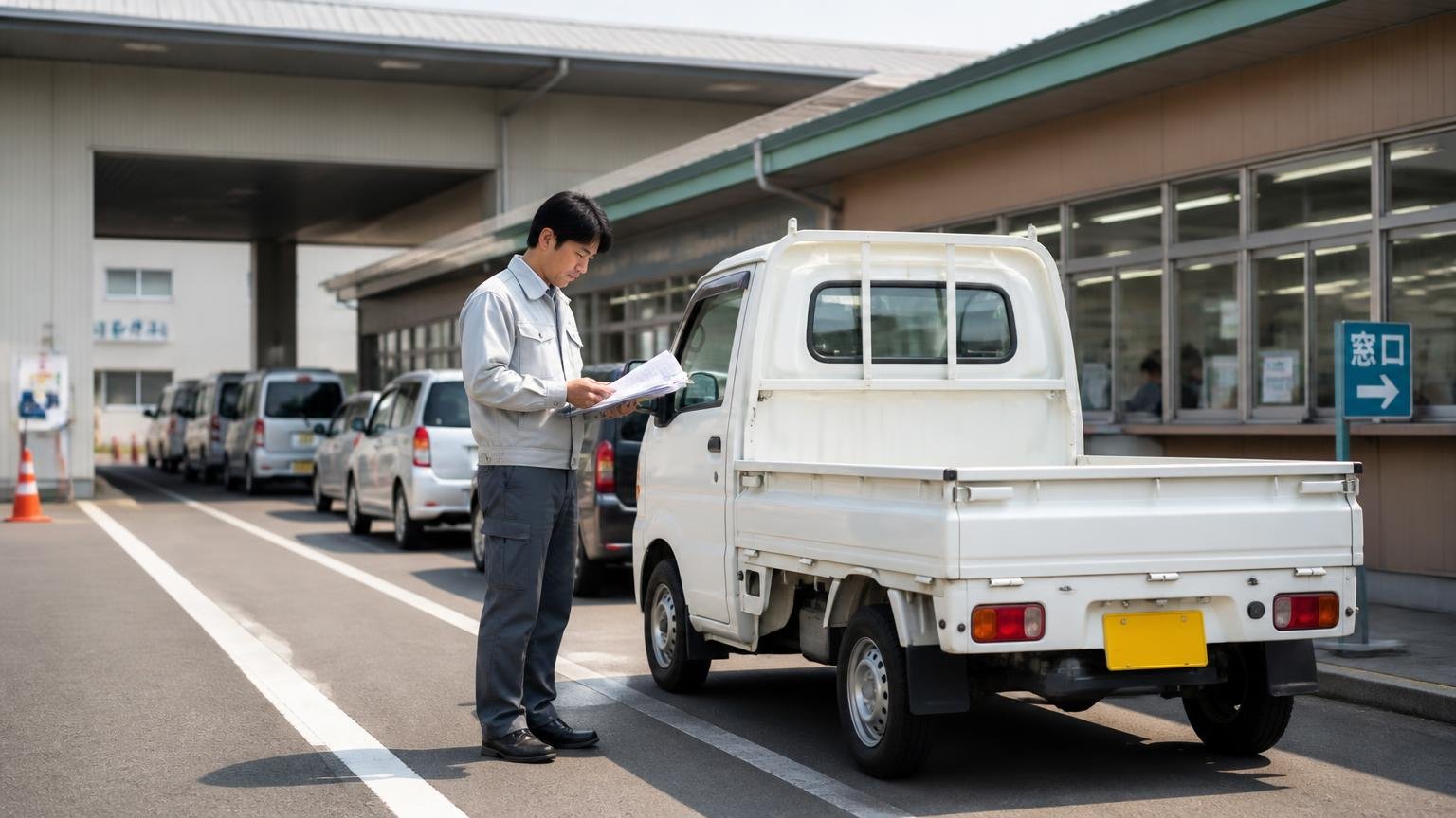 手続きの窓口は「広島」と「福山」、軽トラは軽自動車検査協会 運輸支局の窓口前で書類を確かめながら順番を待つ作業着の男性1人