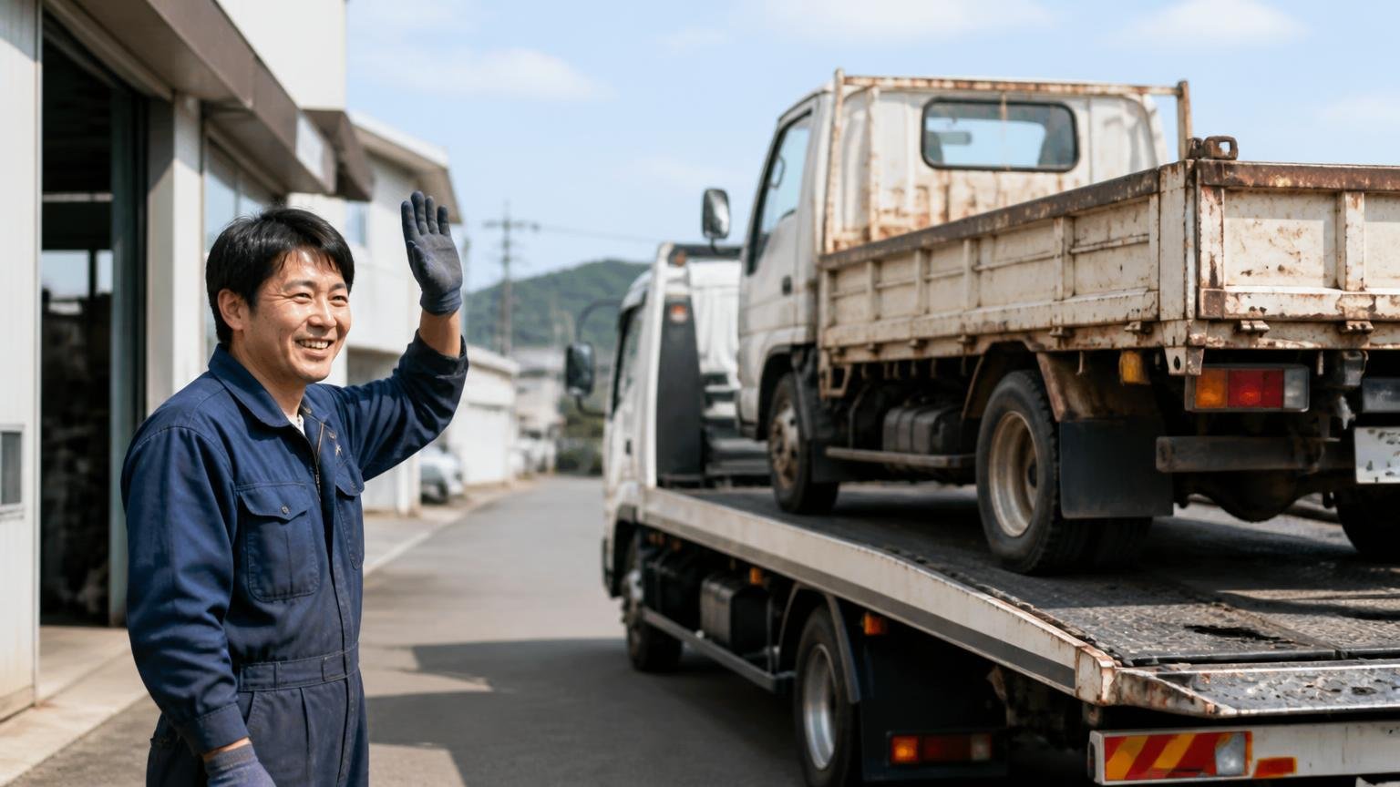 良い口コミ:対応が早く、面倒な手続きまで任せられた 営業所の前 積載車に載って出ていく古いトラックを作業着の男性が笑顔で手を振って見送る
