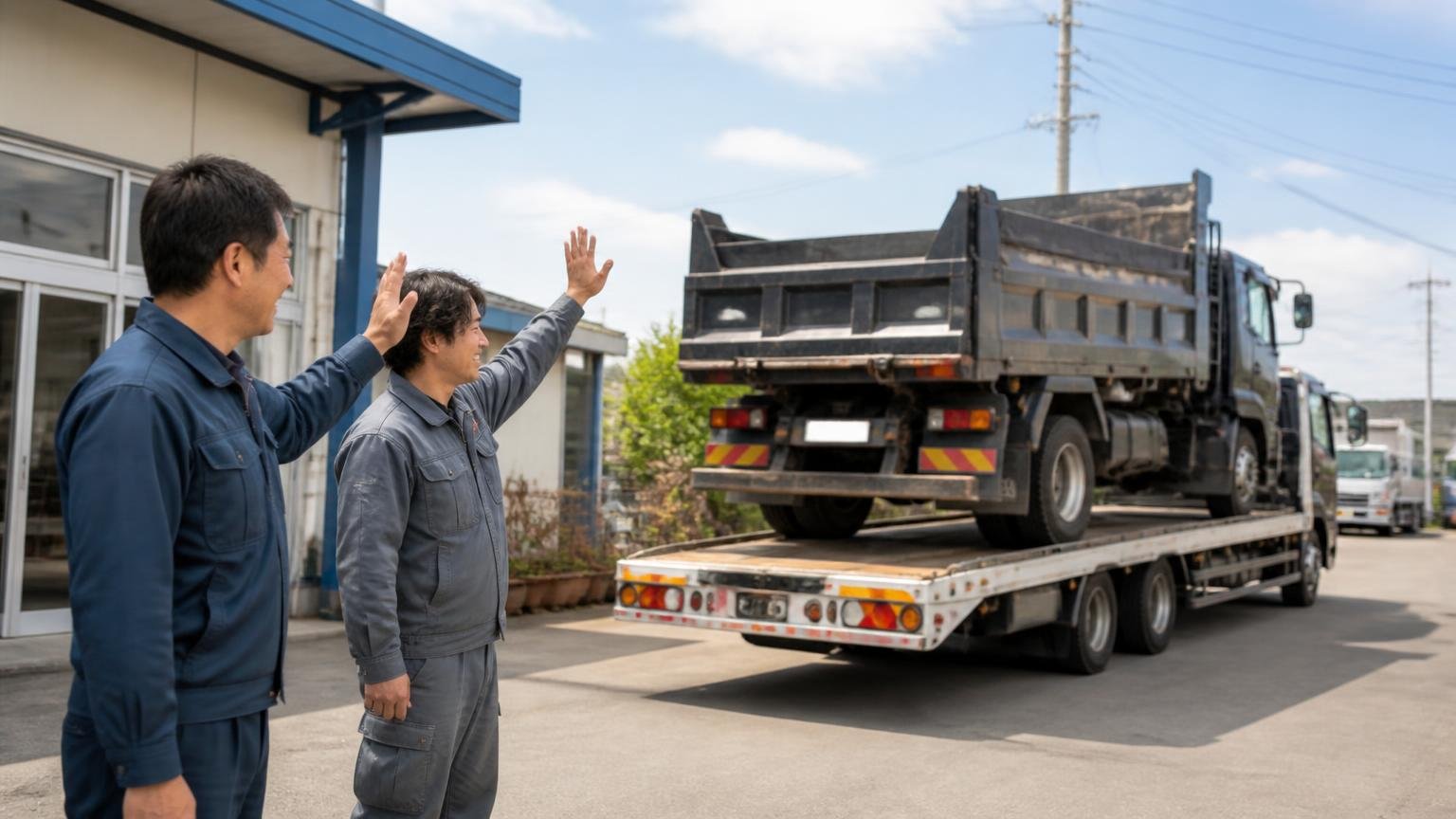 良い口コミ:金額に納得でき、車両を大切に扱ってもらえた 営業所の前 積載車に載るダンプを見送り笑顔で手を振る男性2人