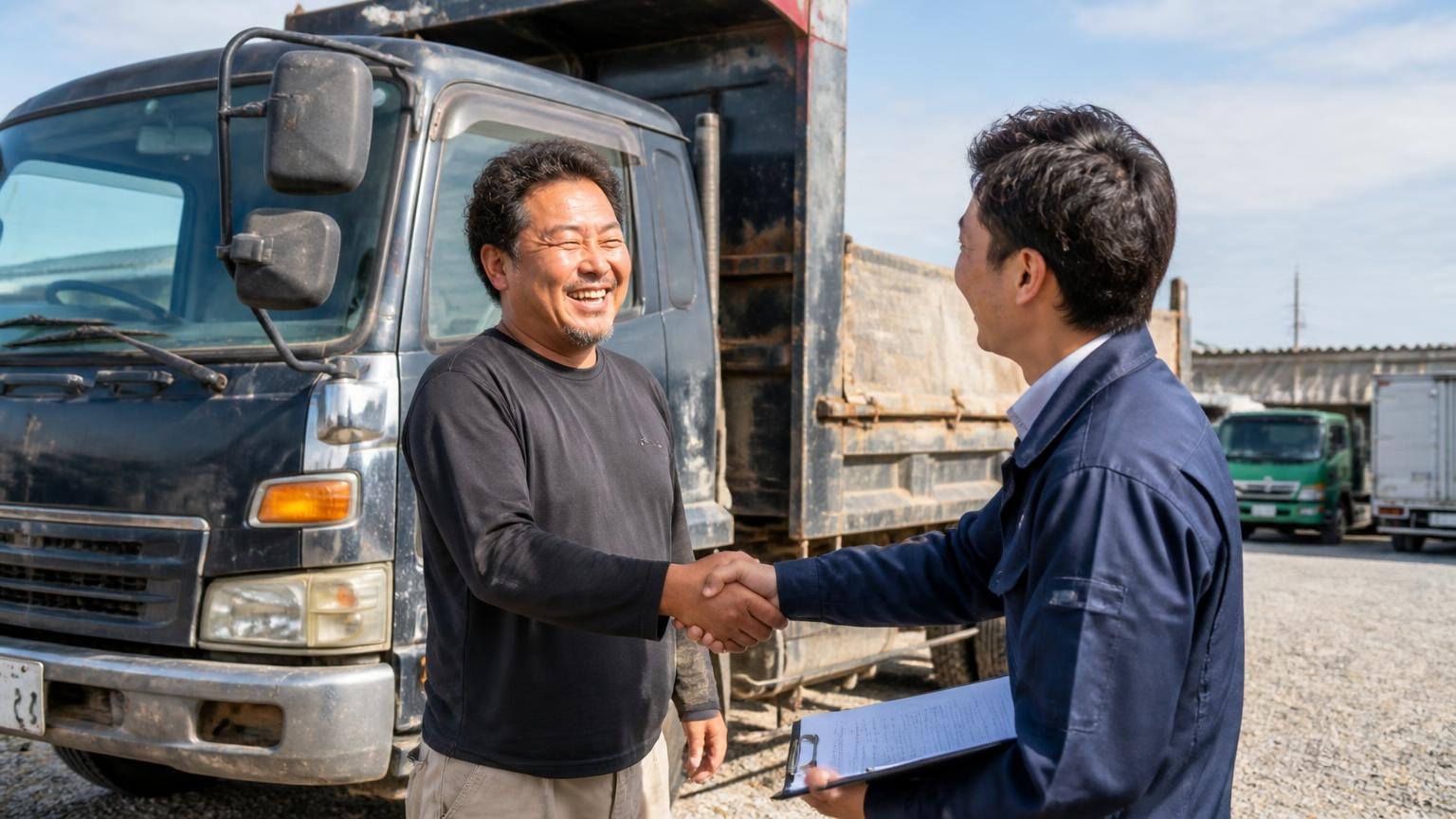 良い口コミ:予想より高い金額がつき、安心して取引できた 砂利の車両置き場 古い大型ダンプの前で査定士と握手して満面の笑みの男性