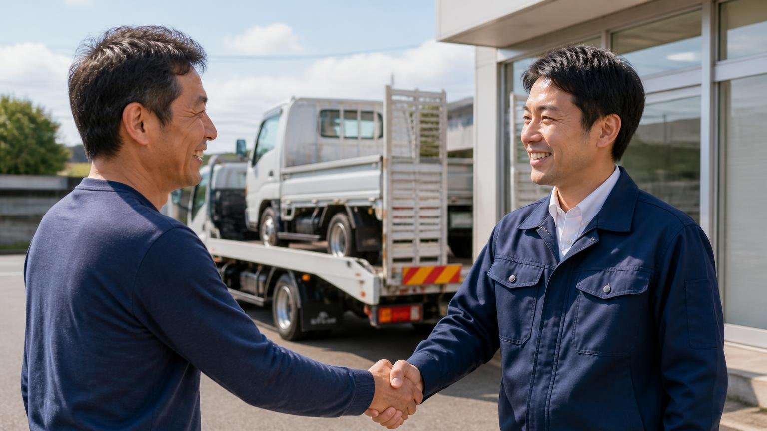 良い口コミ：他社より高い金額がつき、対応も誠実だった 営業所の前 積車に載せられたトラックを見送り 査定員と笑顔で握手する男性