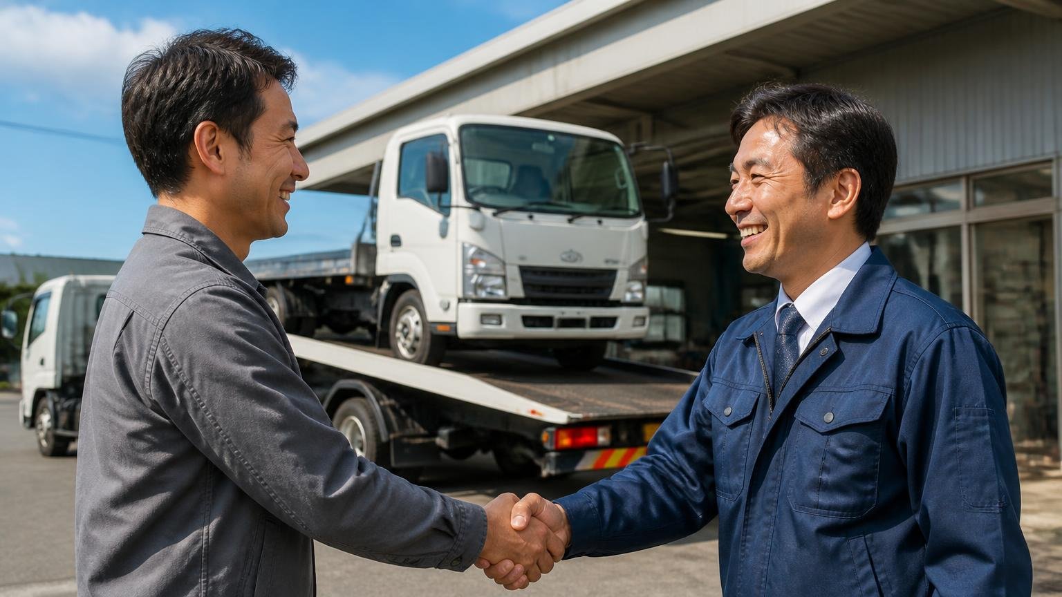 良い口コミ：対応が早く、事務手続きまで任せられた 営業所の前で積載車に載るトラックを見送る場面 男性2人が握手して晴れやかな笑顔