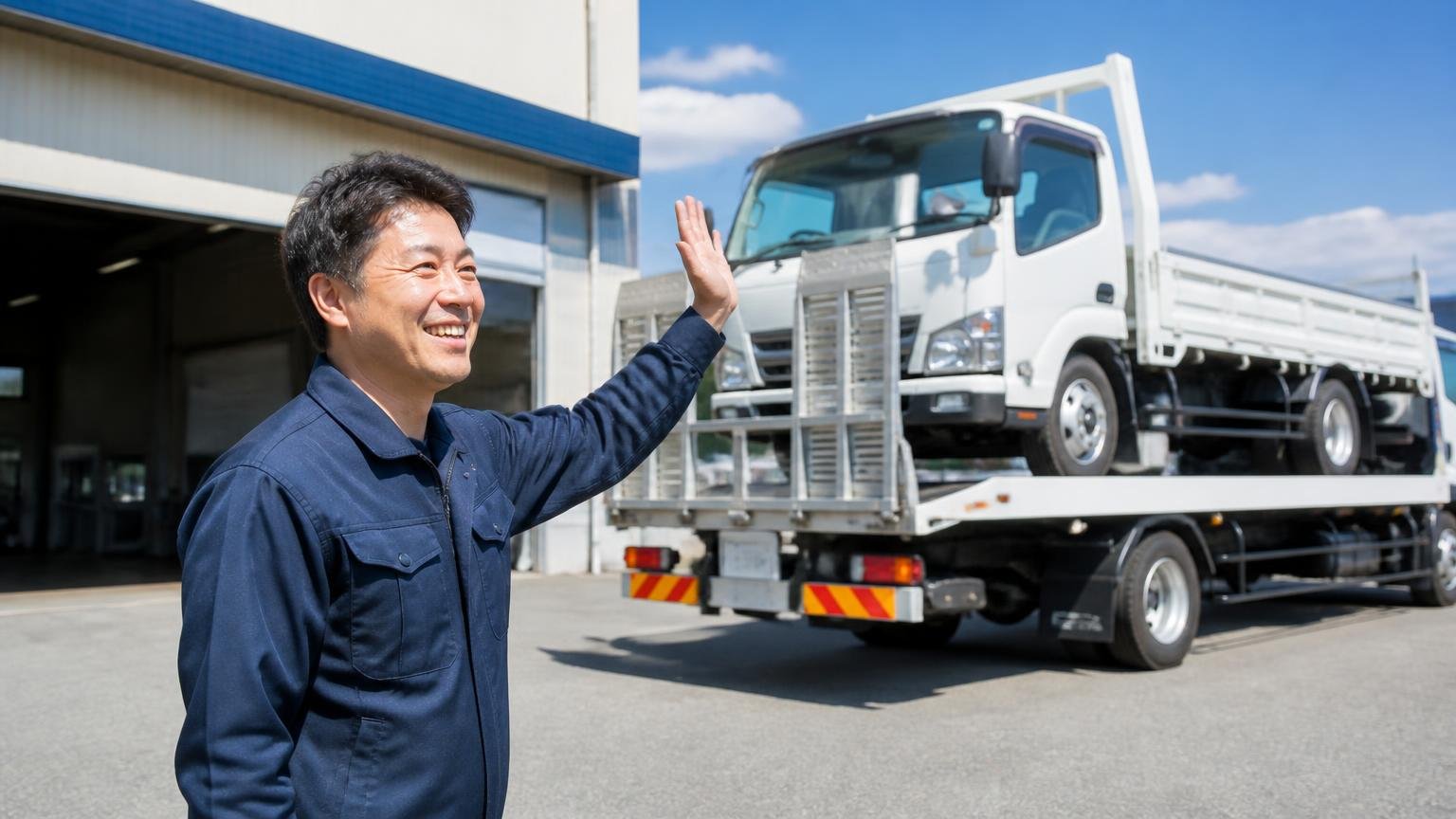 宮崎県から無料査定を頼める、当サイトおすすめのトラック買取業者3選 営業所の前で積車に載ったトラックを見送る男性1人が晴れやかな笑顔