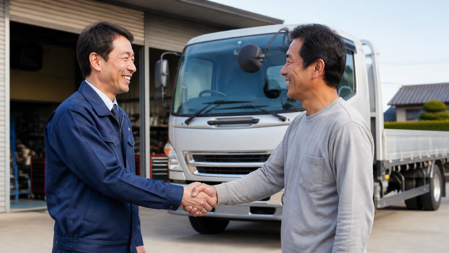 申し込みから入金までの5ステップ 車庫の前で査定スタッフ1人と持ち主の男性1人が握手しトラックを背に笑顔