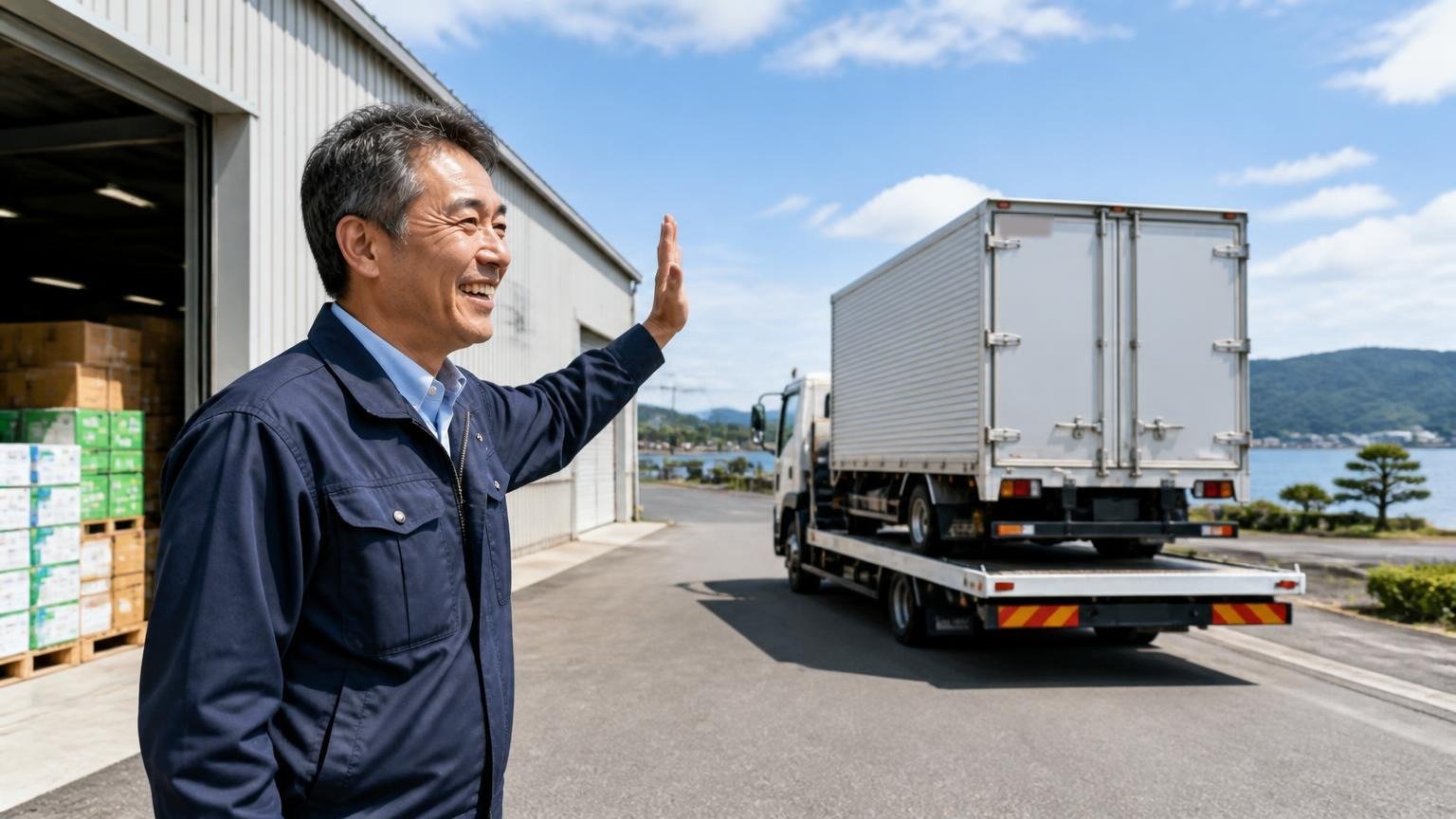 良い口コミ：説明が分かりやすく、引き取りまでスムーズだった　宍道湖近くの青果会社の倉庫前で、積載車に載せられるアルミバンを見送り笑顔で手を振る50代の社長