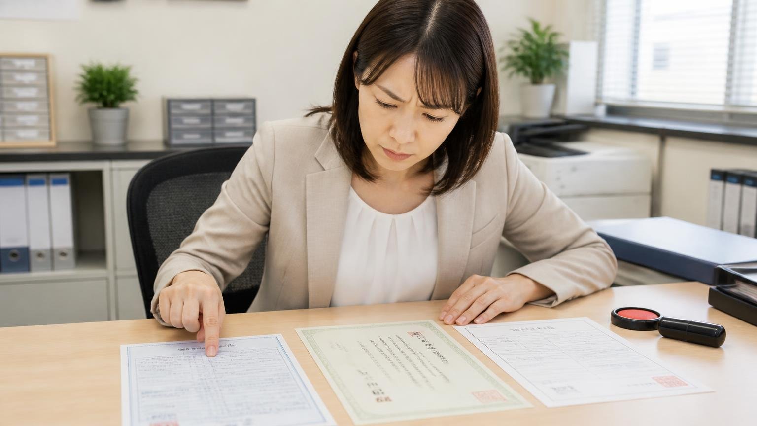 売主が用意する書類と「15日以内」のルール 事務所の机に車検証・印鑑証明書・譲渡証明書を並べて確認する女性1人、几帳面な表情