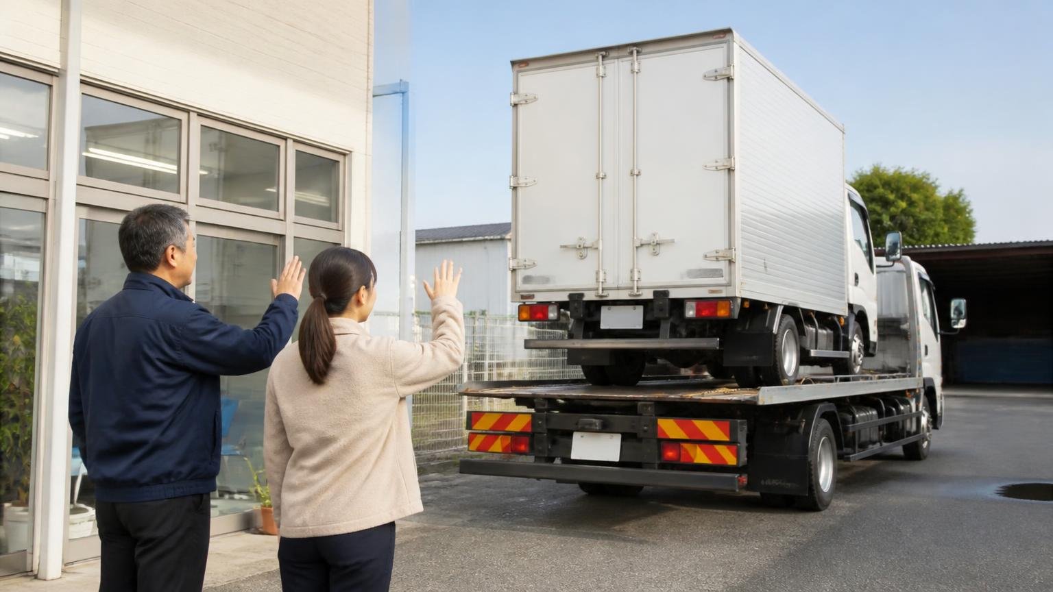 STEP4〜6:契約・引き渡し・名義変更と入金。営業所の前で積車に載せられて出ていく4tトラックの背中を、鍵と書類を渡し終えた男性社長と女性事務員が並んで見送る場面