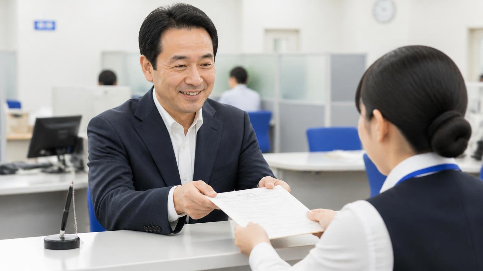 春日部自動車検査登録事務所の所在地・受付時間・管轄 官公庁の登録窓口で書類を提出する場面 事業主1人と窓口職員1人 書類を受け取り安心した表情