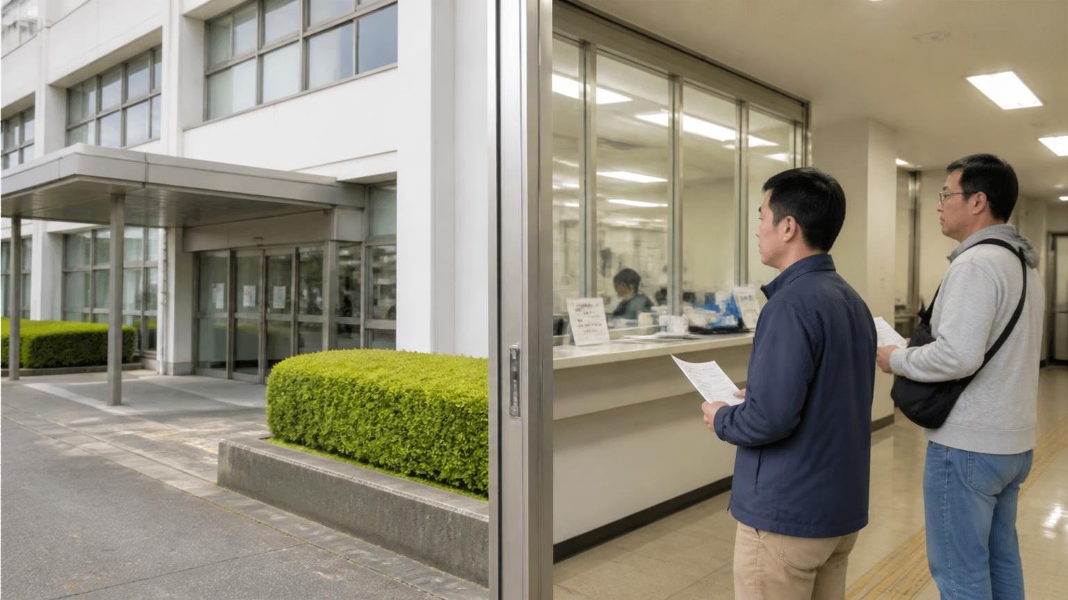 石川運輸支局(金沢庁舎)の所在地と受付時間、運輸支局の窓口前で書類を持って順番を待つ男性2人