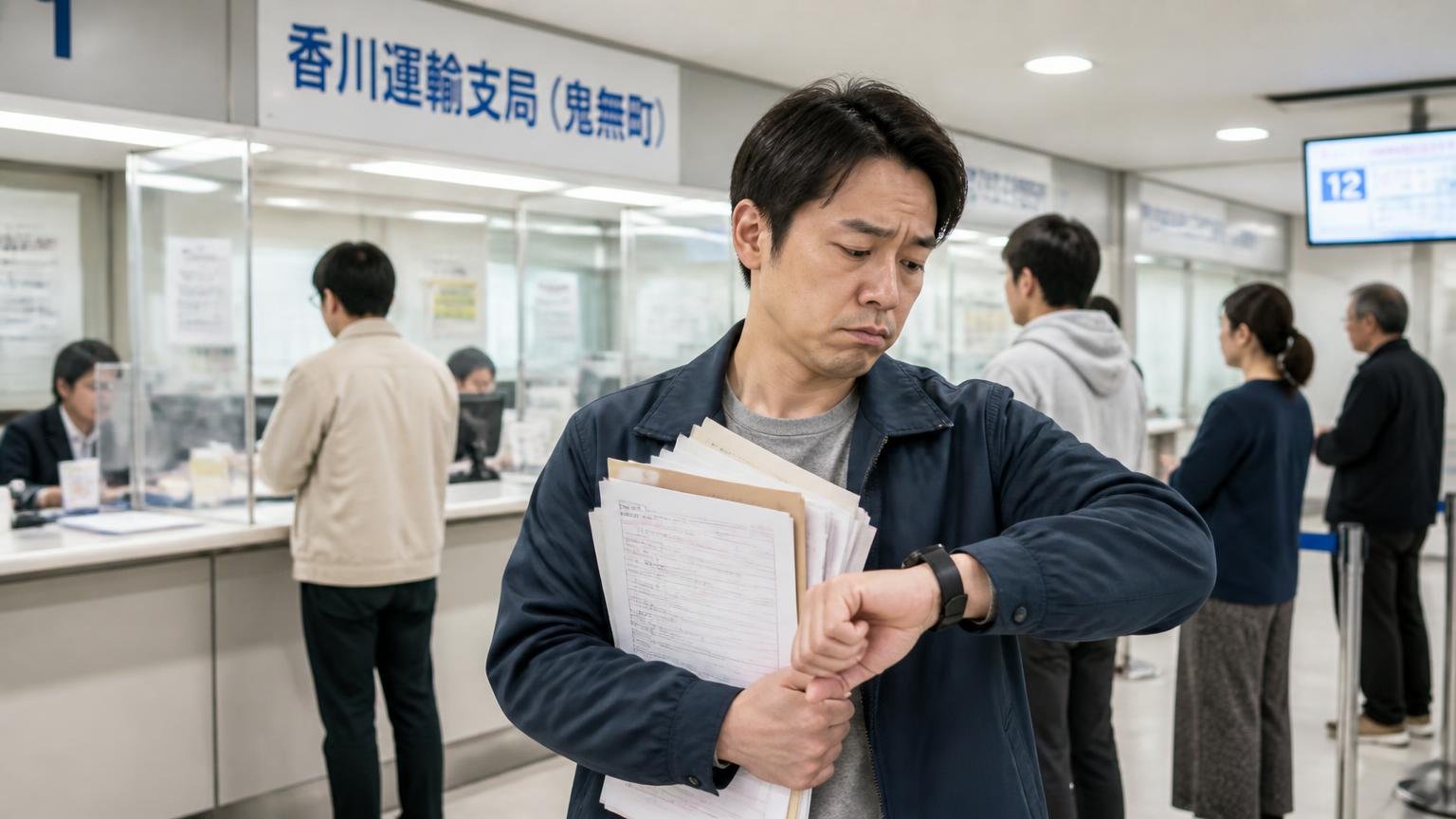 名義変更は「15日以内」、香川運輸支局(鬼無町)と売る側の書類。運輸支局の窓口前で書類の束を持つ男性1人、順番を待ちながら時計を見る