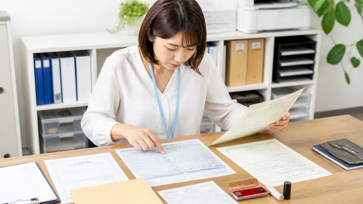 売却に必要な書類チェックリスト 事務所の机に車検証や印鑑証明書を並べて一つずつ確認する女性事務員1人