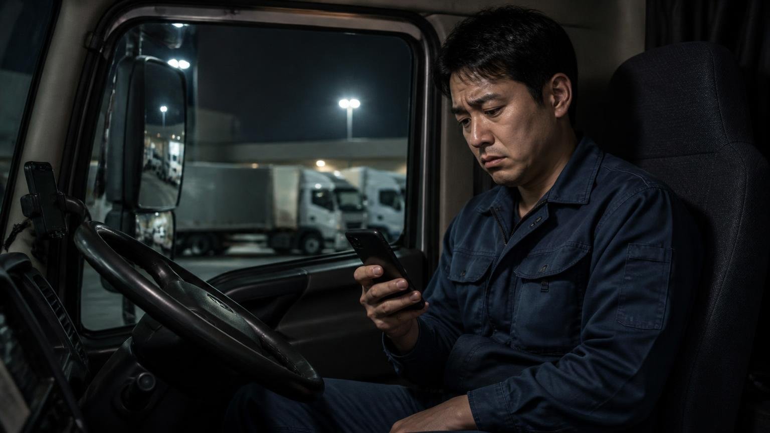 悪い口コミ:査定で買い叩かれた、あとから金額を下げられた 夜の車庫に停めたトラックの運転席 スマホの画面を見つめて肩を落とす作業着の男性