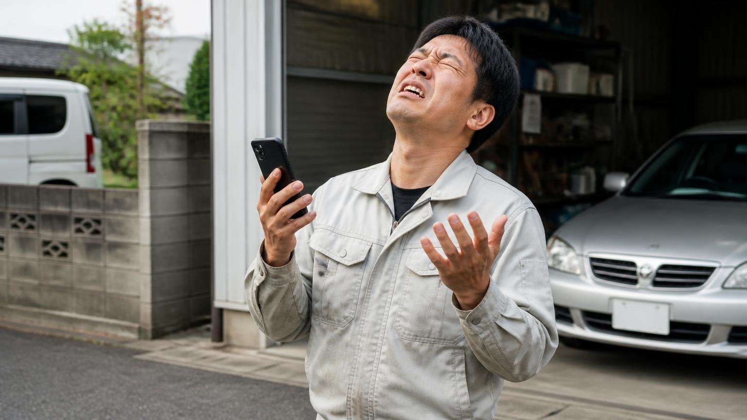 悪い口コミ:査定で買い叩かれた、あとから金額を下げられた 車庫の前 スマホの着信を見て肩を落とし天を仰ぐ作業着の男性