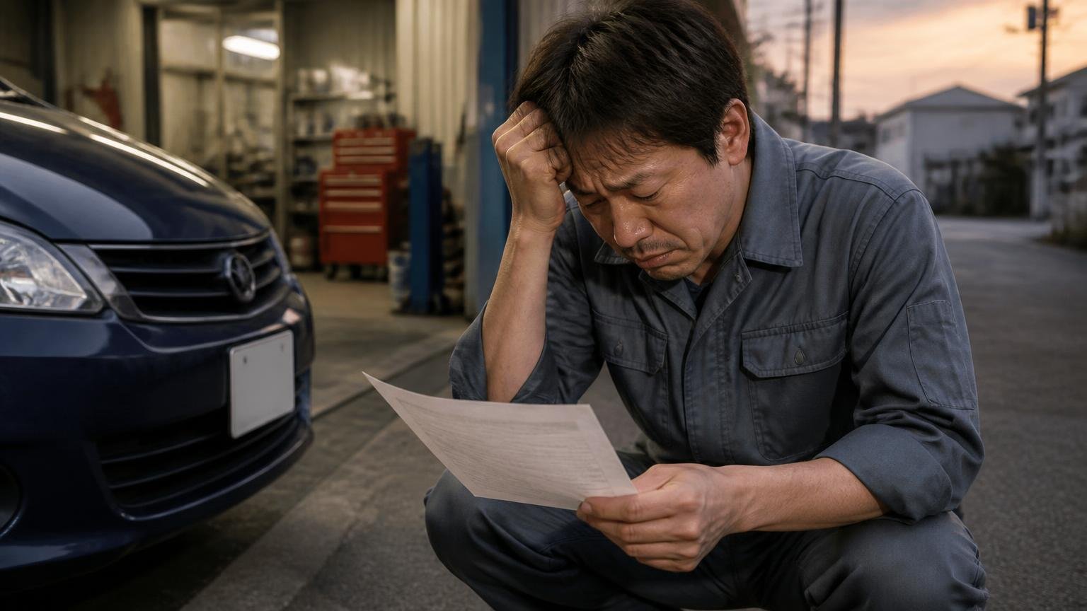 悪い口コミ:査定で買い叩かれた、あとから金額を下げられた 夕方の車庫 見積書を片手に肩を落としてうなだれる作業着の男性
